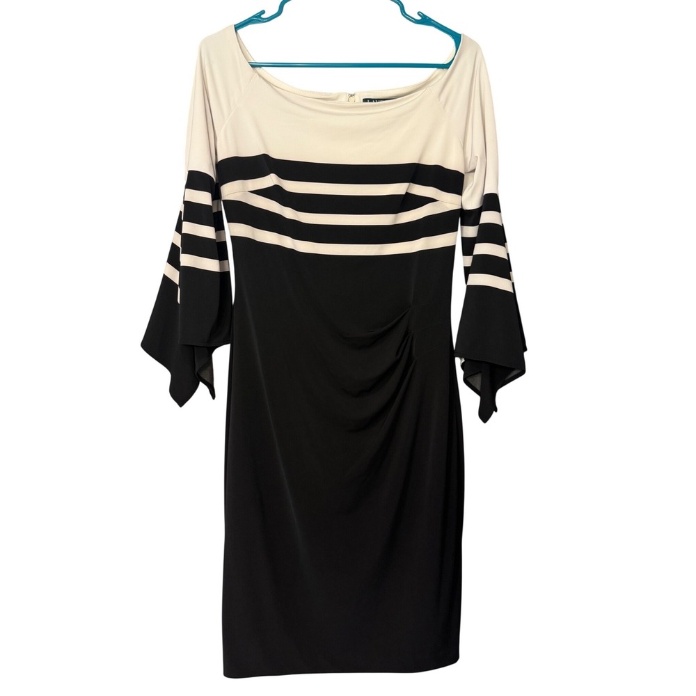 Lauren Ralph Lauren Black White Striped Bell Sleeve Ruched Sheath‎ Dress Size 6